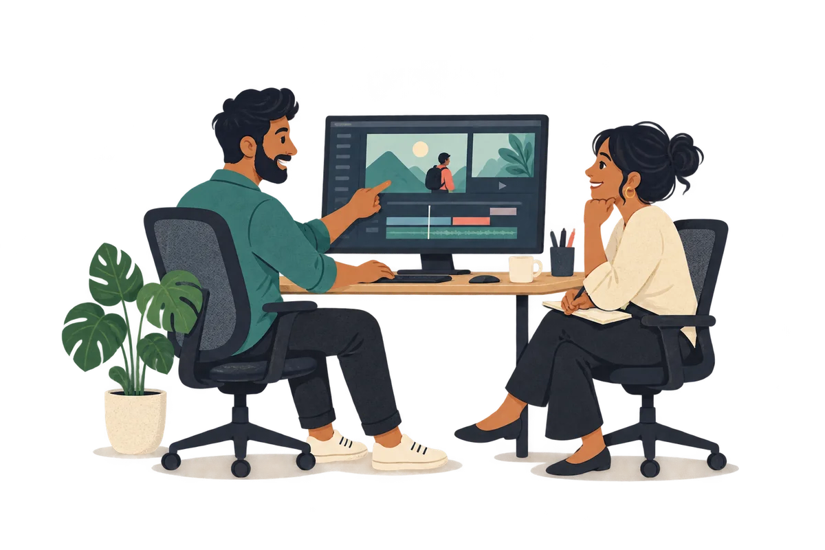 Illustration of a client reviewing a video with an editor