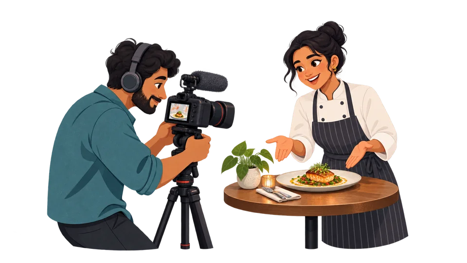 A videographer recording a chef presenting a meal