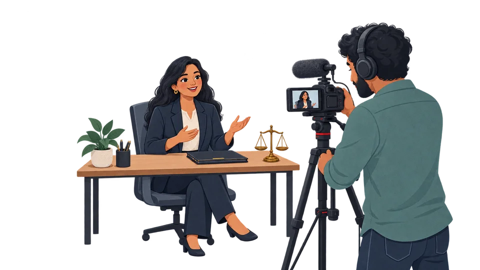 A lawyer recording a professional introduction with a videographer