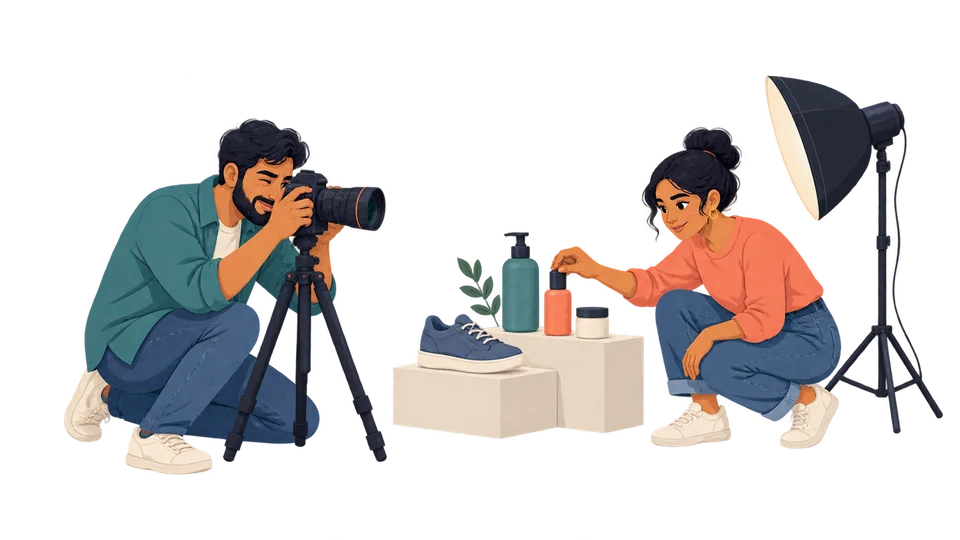 A product photographer and stylist preparing a commercial product shoot