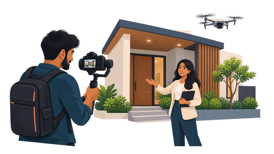A camera operator filming a property tour with an agent and drone